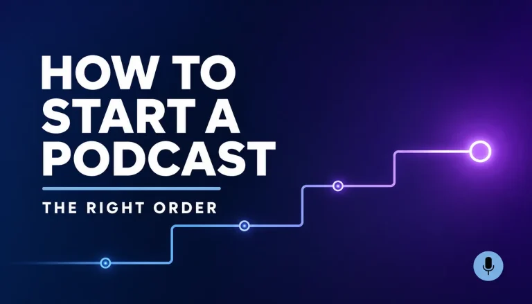 How to Start a Podcast graphic with a blue-to-purple gradient and a stepped path illustrating the right order to launch a podcast.
