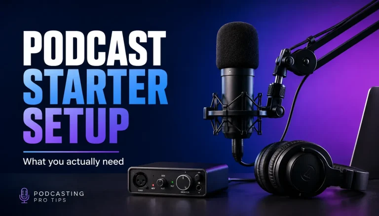 Podcast starter setup with microphone, headphones, audio interface, and laptop on a blue and purple background.