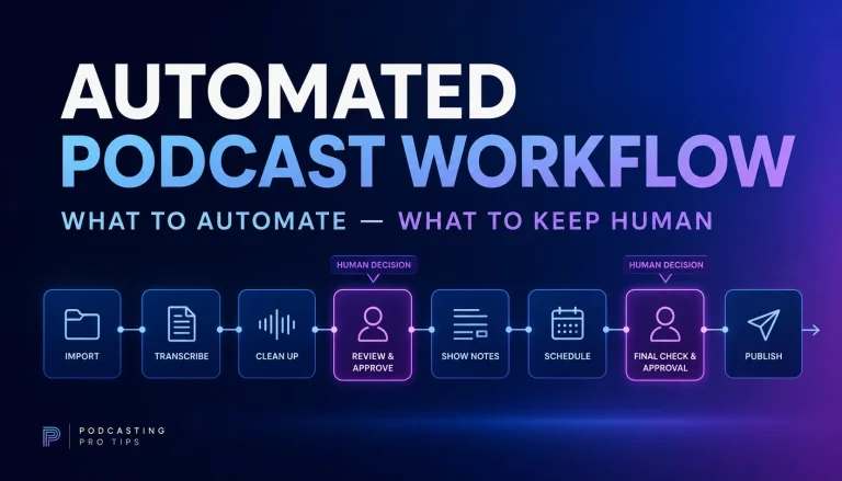 Automated podcast workflow showing transcription, cleanup, show notes, scheduling, publishing, and human approval checkpoints.