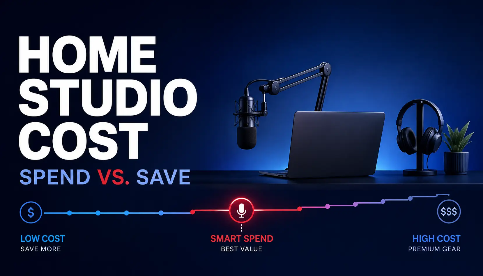 Home podcast studio setup with microphone, laptop, and headphones illustrating where to spend and save on studio costs