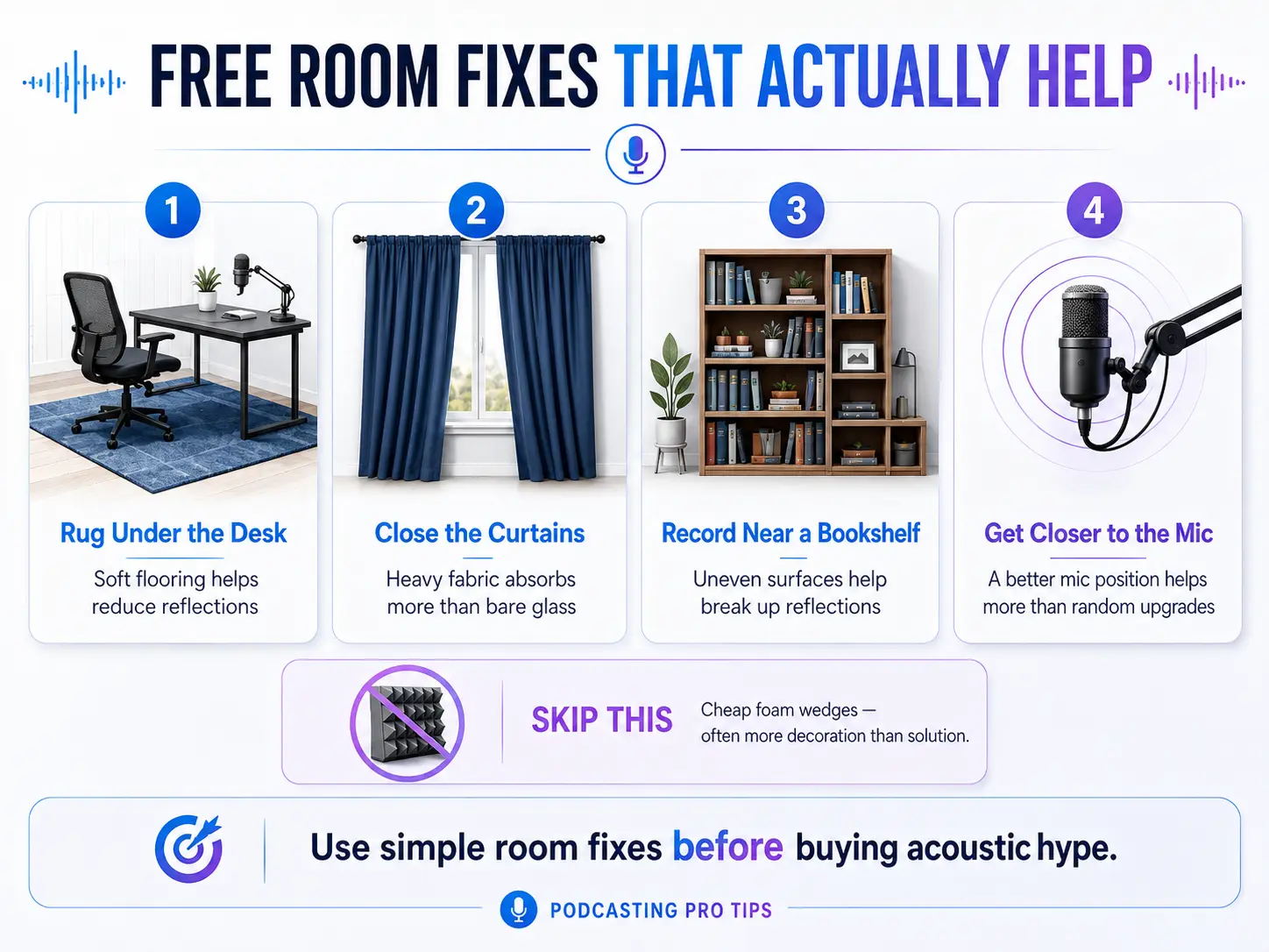 Four free home podcast studio room fixes including a rug, curtains, bookshelf, and closer microphone placement