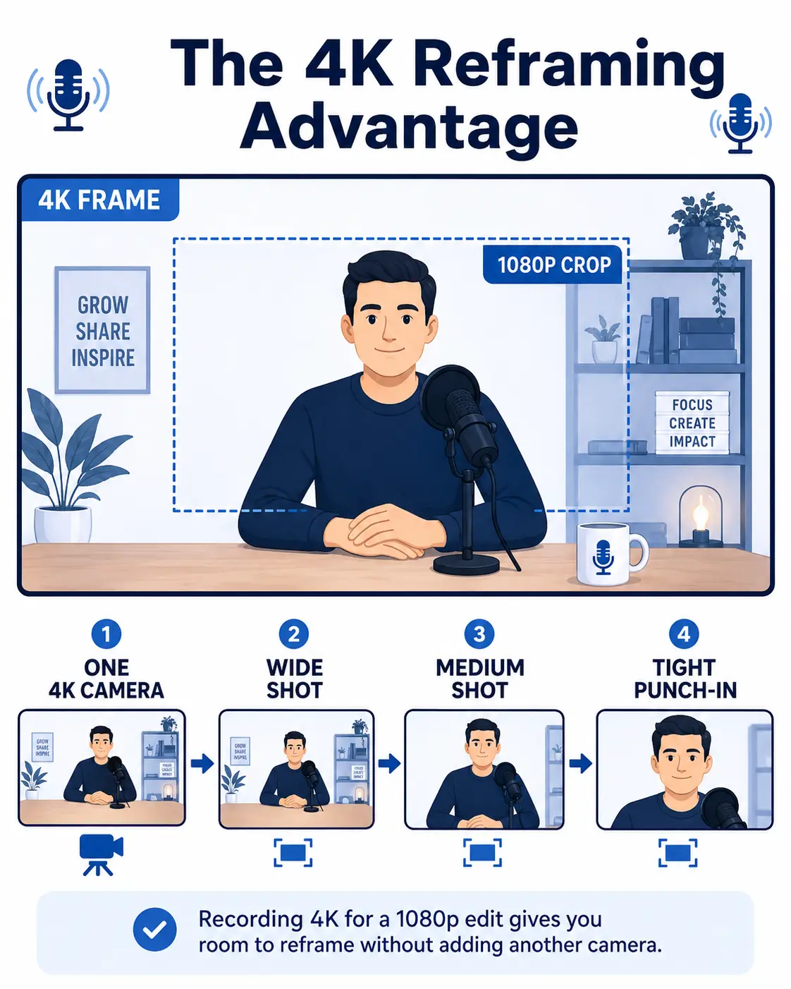 Diagram showing how a 4K podcast recording can be cropped into multiple 1080p compositions