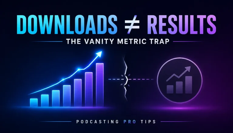 Featured graphic showing rising podcast downloads separated from business results to illustrate that downloads alone do not prove podcast success.