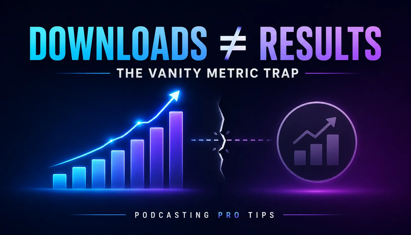 Featured graphic showing rising podcast downloads separated from business results to illustrate that downloads alone do not prove podcast success.