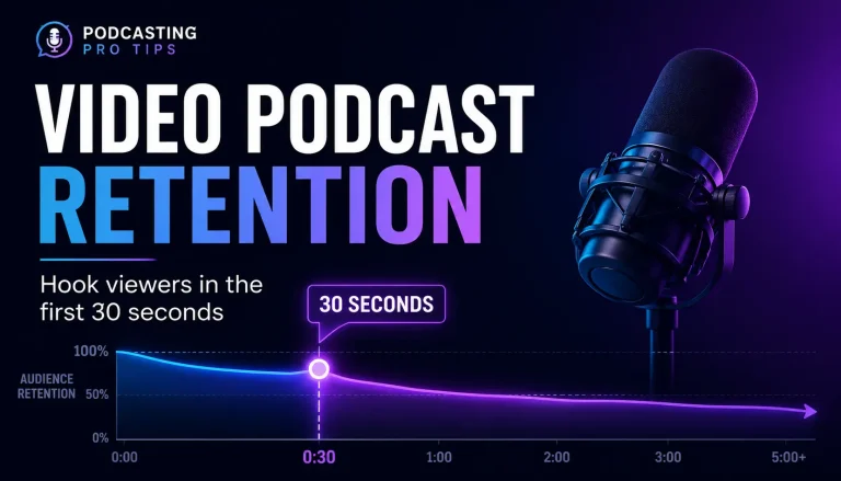 Featured graphic for video podcast retention showing a microphone and audience retention graph highlighting the first 30 seconds.