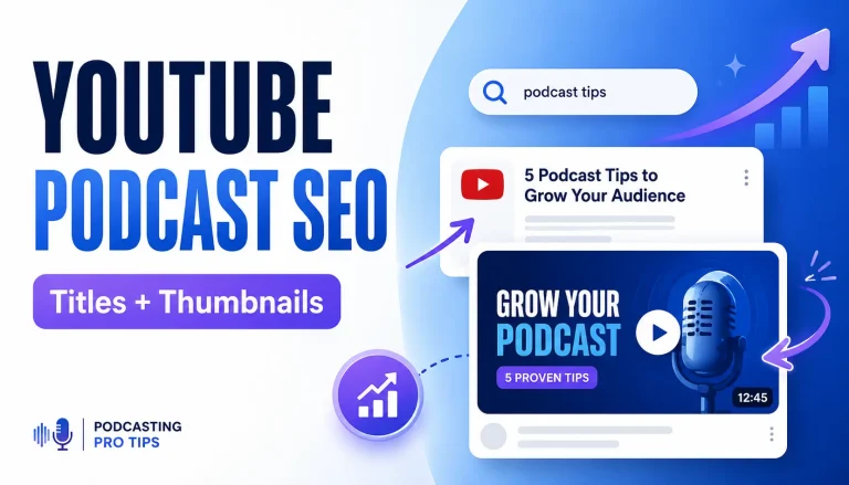 Featured image for a YouTube podcast SEO article showing bold “YouTube Podcast SEO” text with title and thumbnail examples
