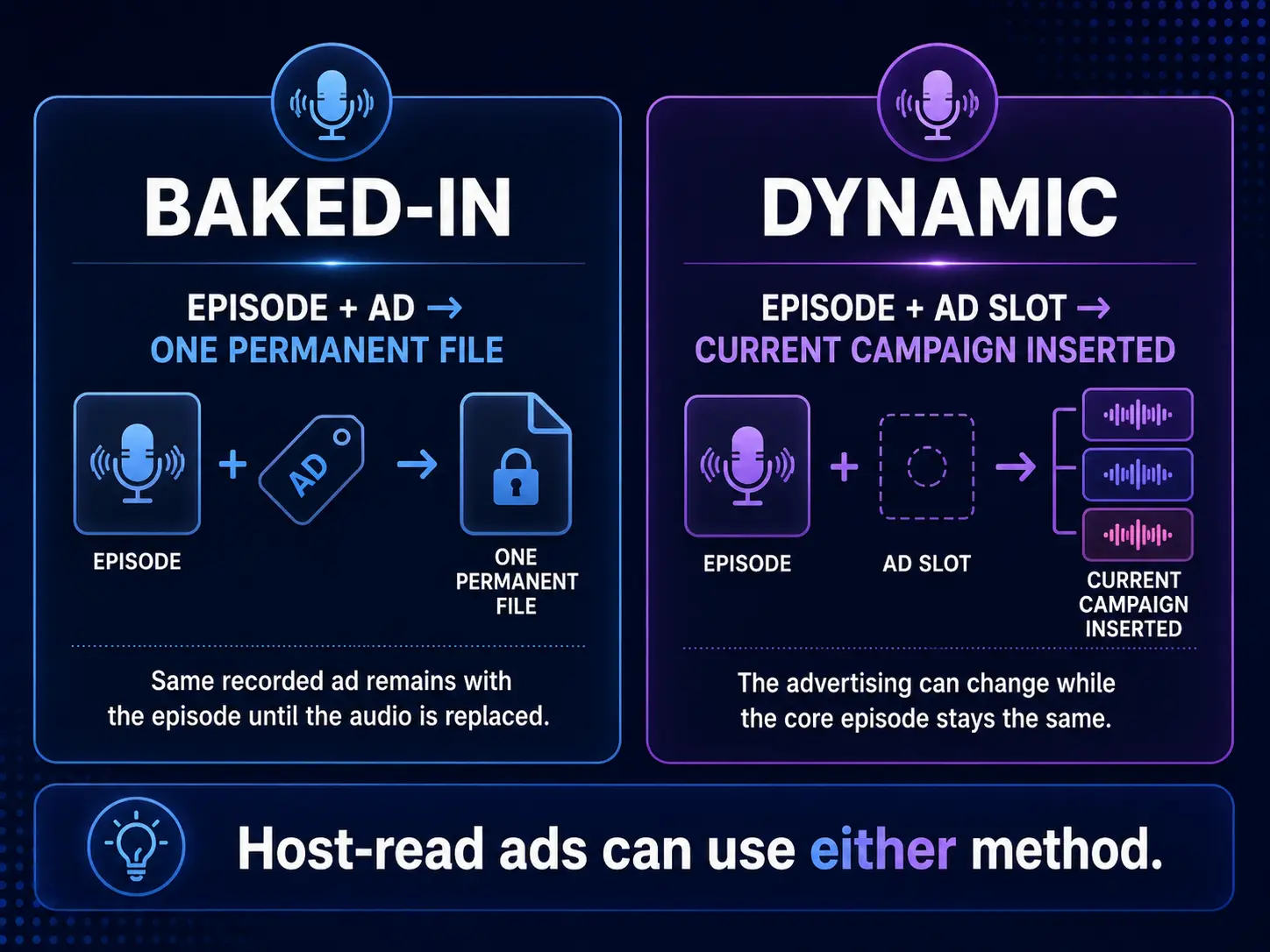 Comparison showing baked-in podcast ads as part of the episode file and dynamic ads delivered into an available ad slot.