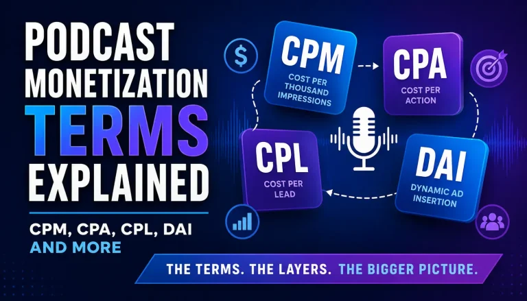 Podcast monetization terms explained with CPM, CPA, CPL, and DAI shown around a podcast microphone.