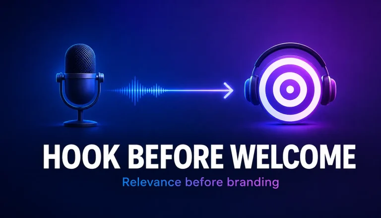 Podcast microphone sending a signal toward a listener target with headphones and the text Hook Before Welcome.