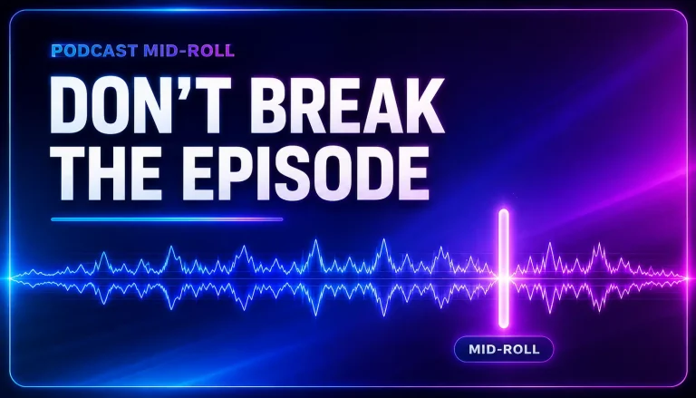 Podcast mid-roll featured graphic showing a continuous audio waveform passing through a highlighted mid-roll point without breaking.