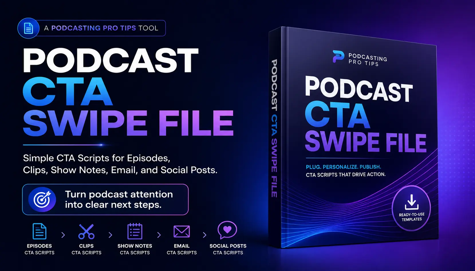 Podcast CTA Swipe File with call-to-action scripts for episodes, clips, show notes, email, and social posts.