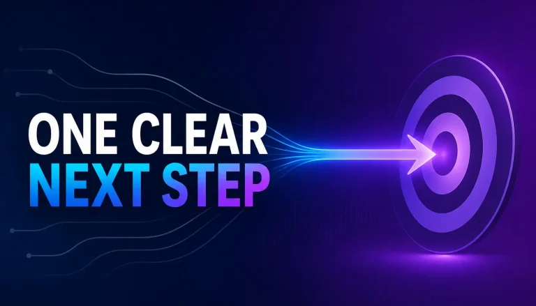 Podcast outro graphic showing several possible actions narrowing into one clear call to action.