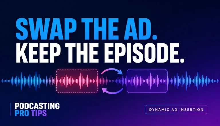 Podcast waveform with a replaceable audio block illustrating dynamic ad insertion.