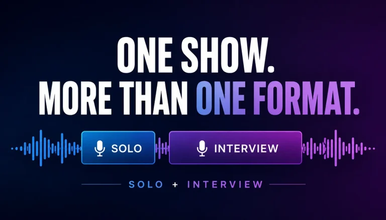 Solo and interview podcast episode blocks connected to one consistent podcast waveform.
