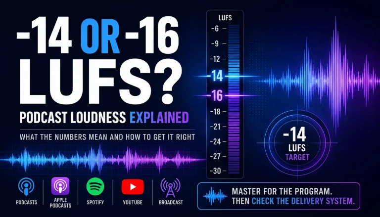 Podcast loudness graphic comparing -14 and -16 LUFS with a loudness meter and waveform.