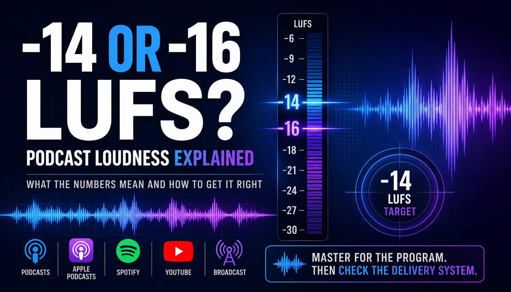 Podcast loudness graphic comparing -14 and -16 LUFS with a loudness meter and waveform.
