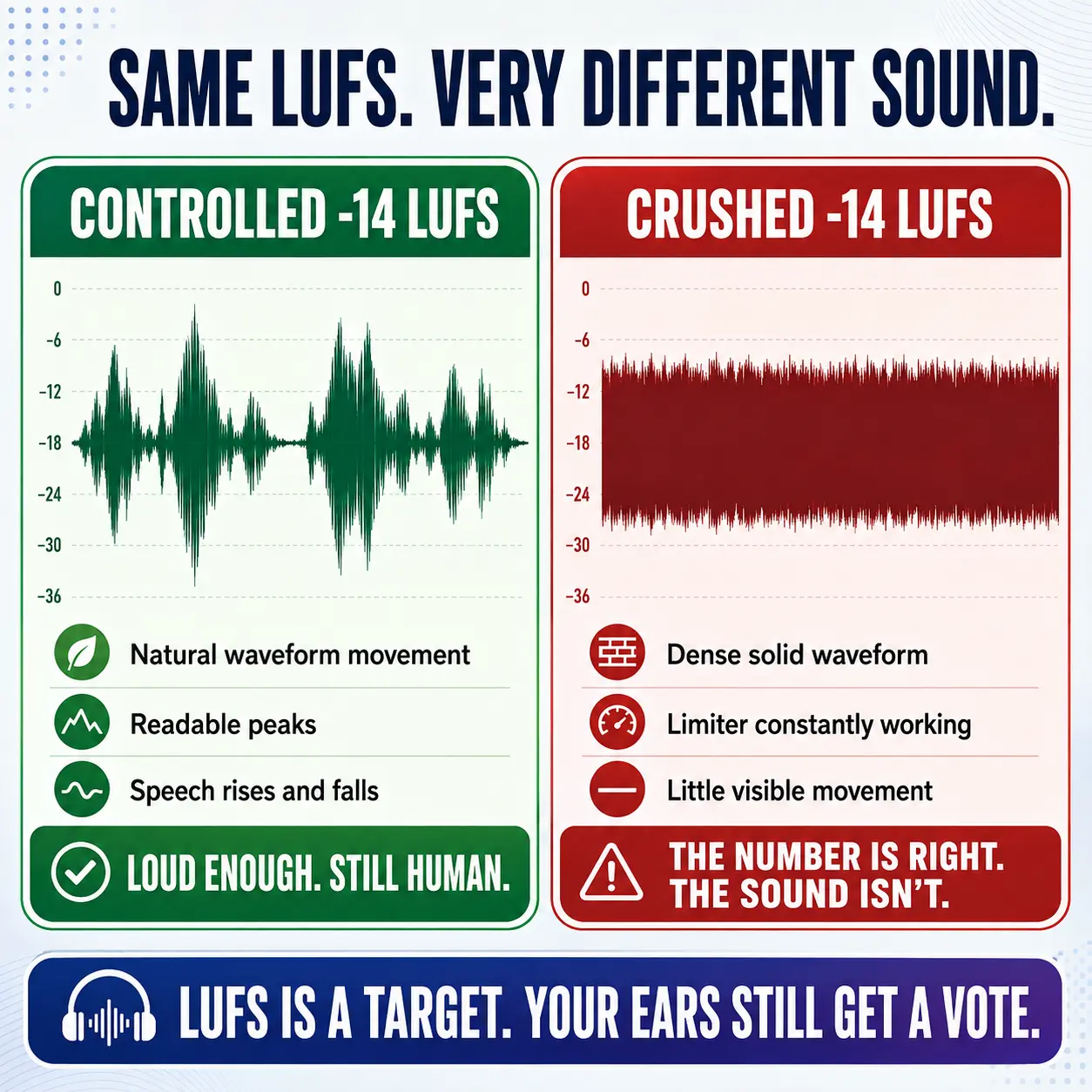 Two podcast waveforms both measuring -14 LUFS, comparing a controlled dynamic mix with an overly compressed mix.