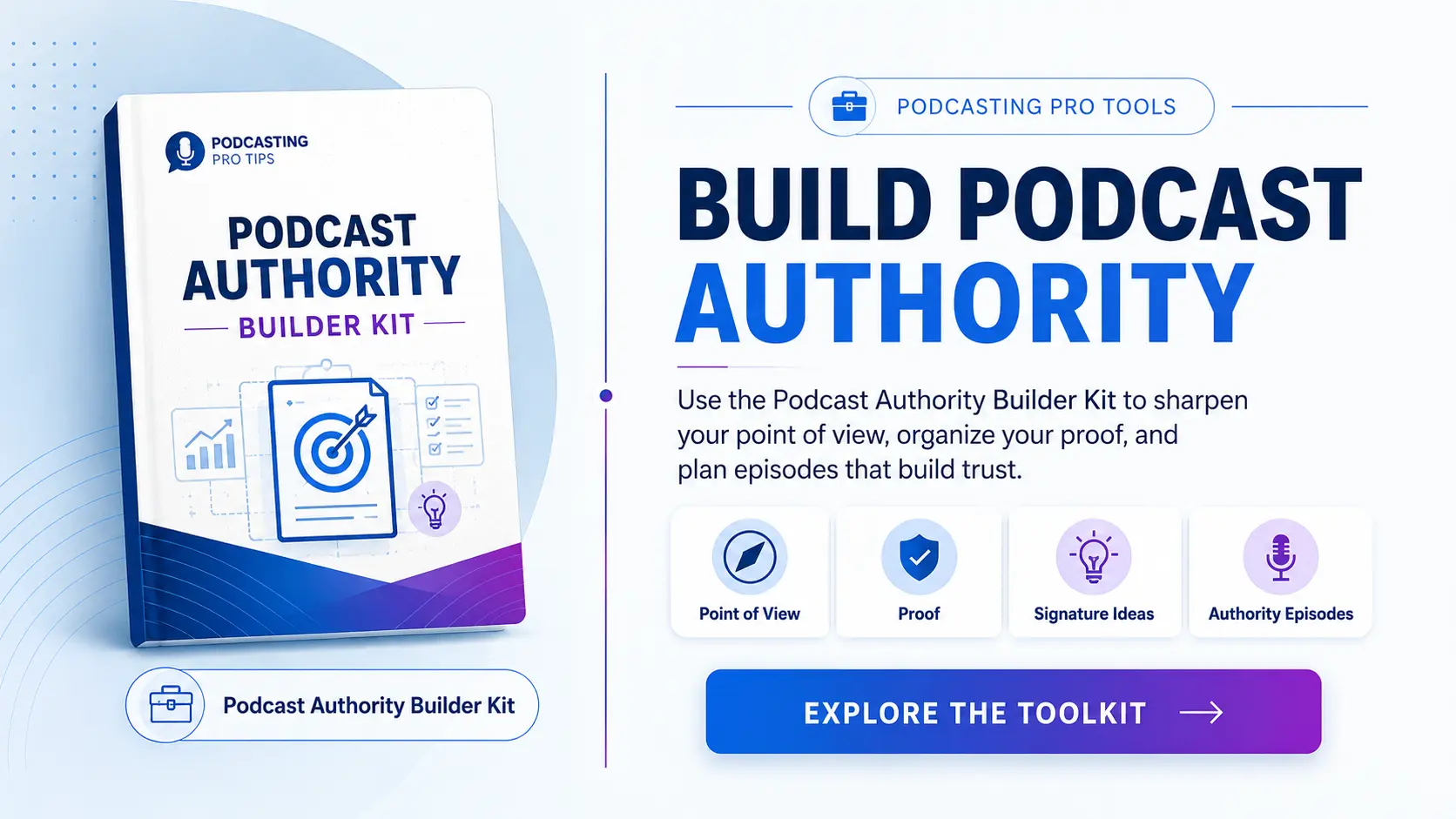 Podcast Authority Builder Kit graphic showing tools for developing a clear point of view, organizing proof, creating signature ideas, and planning authority-building podcast episodes.