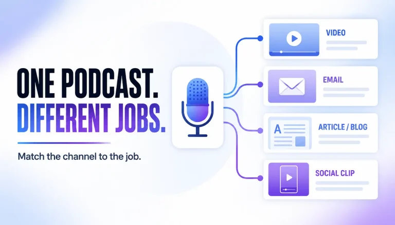 One podcast episode branching into different content formats including video, email, blog articles, and social clips.