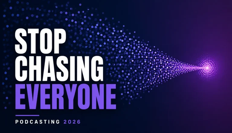 Featured graphic for the state of podcasting in 2026 showing a broad audience narrowing into a focused niche.