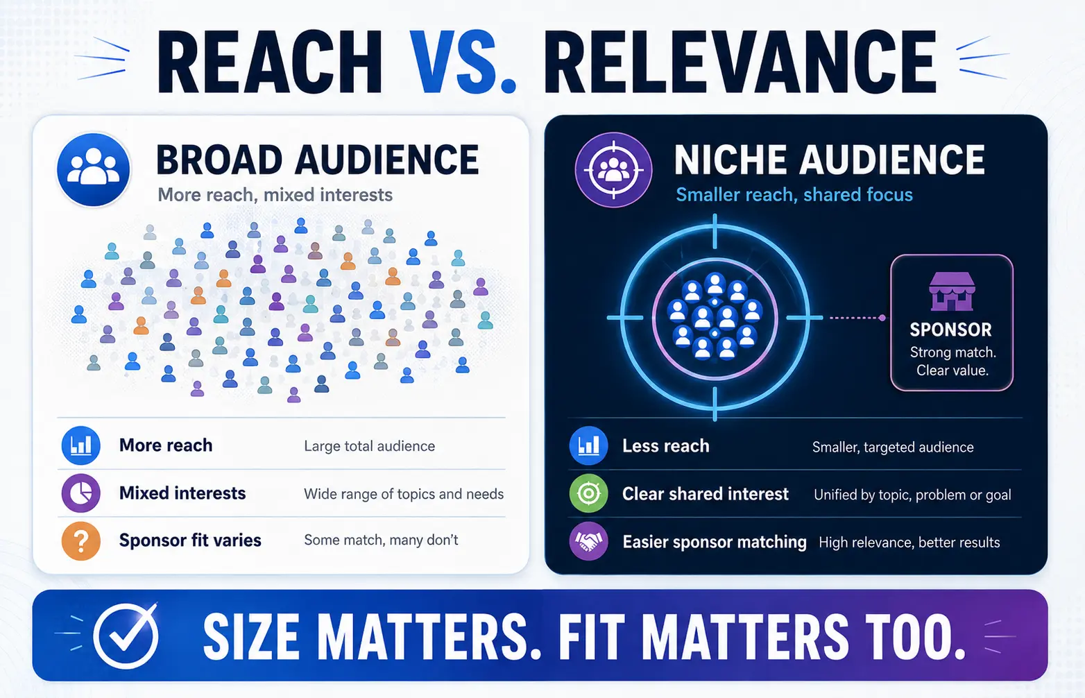 Reach versus relevance comparison showing a broad podcast audience and a smaller niche audience with stronger sponsor fit.