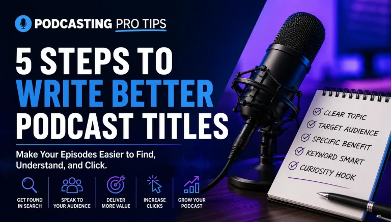 Featured image for a guide to writing podcast episode titles for discovery and SEO