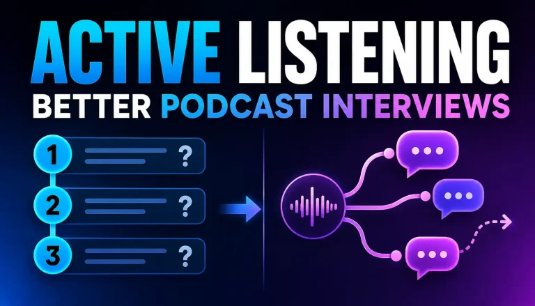 Active listening for podcast interviews illustrated by a rigid question list turning into a more flexible conversation with follow-up paths.