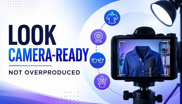 Featured image for a video podcast guide showing a camera-ready setup with wardrobe, framing, glasses, and background preparation.