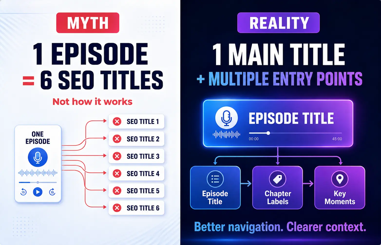 Podcast chapters comparison showing one main episode title and multiple labeled entry points