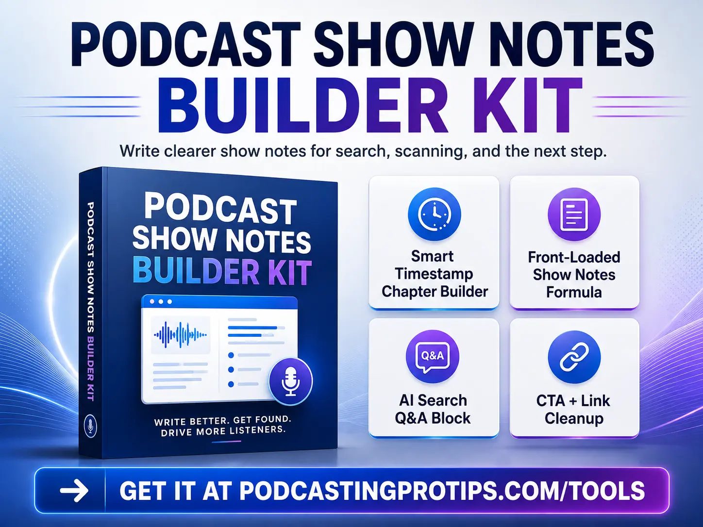 Podcast Show Notes Builder Kit with Smart Timestamp Chapter Builder, show notes formula, AI search Q&A, and CTA link cleanup tools