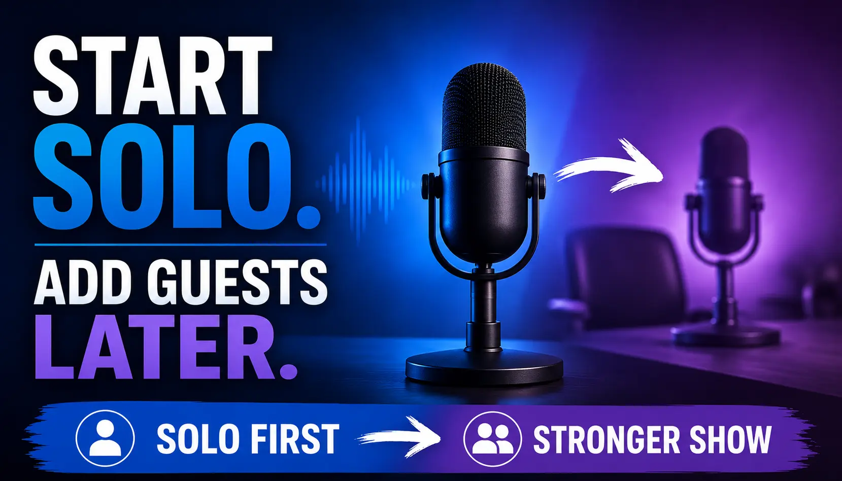 Featured image showing a solo podcast microphone progressing to a guest setup with the message Start Solo, Add Guests Later.