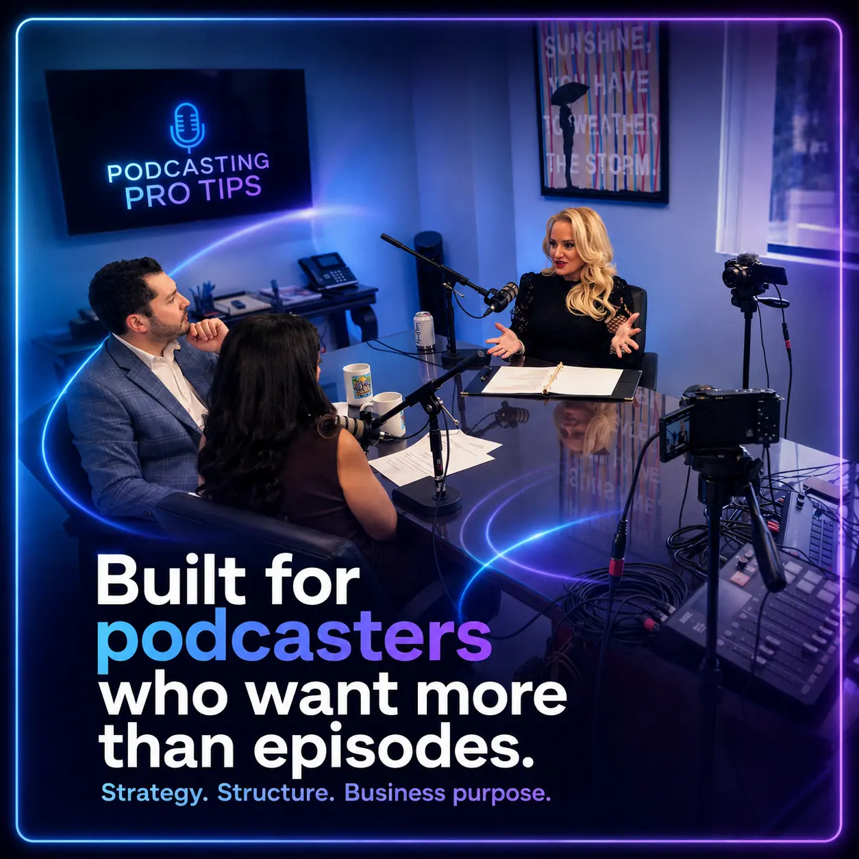 Podcast recording session with hosts, microphones, cameras, and production gear, styled in blue and purple with the message “Built for podcasters who want more than episodes.