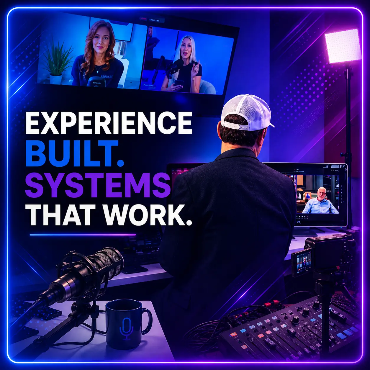 Podcast producer working in a professional remote production studio with cameras, microphones, monitors, and audio gear, with the message “Experience Built. Systems That Work.