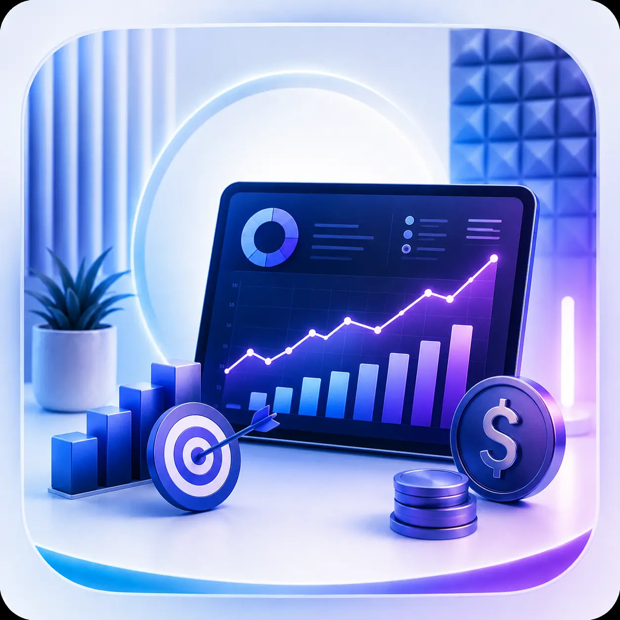Podcast analytics and ROI graphic with performance dashboard, bar chart, target icon, and revenue symbols in a blue and purple gradient design.