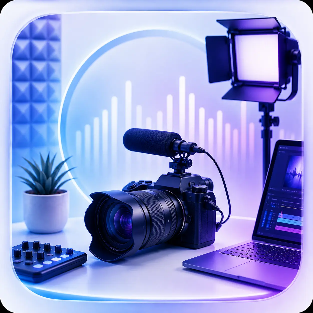 Audio and video production graphic with camera, on-camera microphone, studio light, and editing laptop in a blue and purple gradient style.