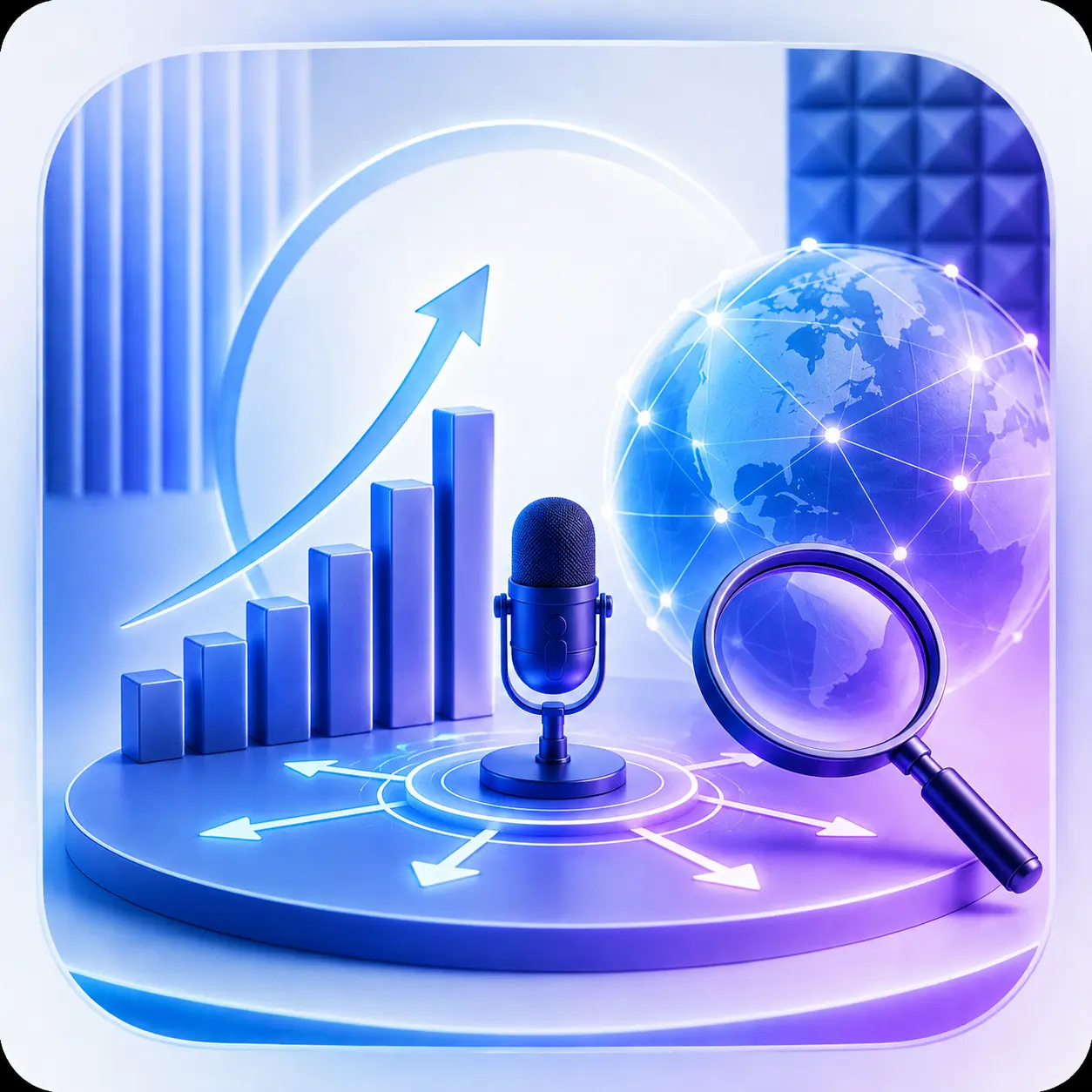 Podcast growth and distribution graphic with upward chart, connected globe, magnifying glass, and microphone in a light blue and purple gradient design.