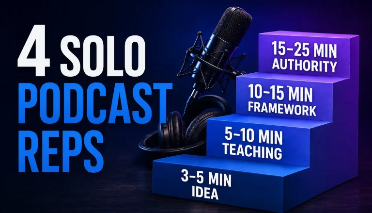 Featured image showing four solo podcast reps as a staircase: 3–5 minute idea, 5–10 minute teaching, 10–15 minute framework, and 15–25 minute authority.