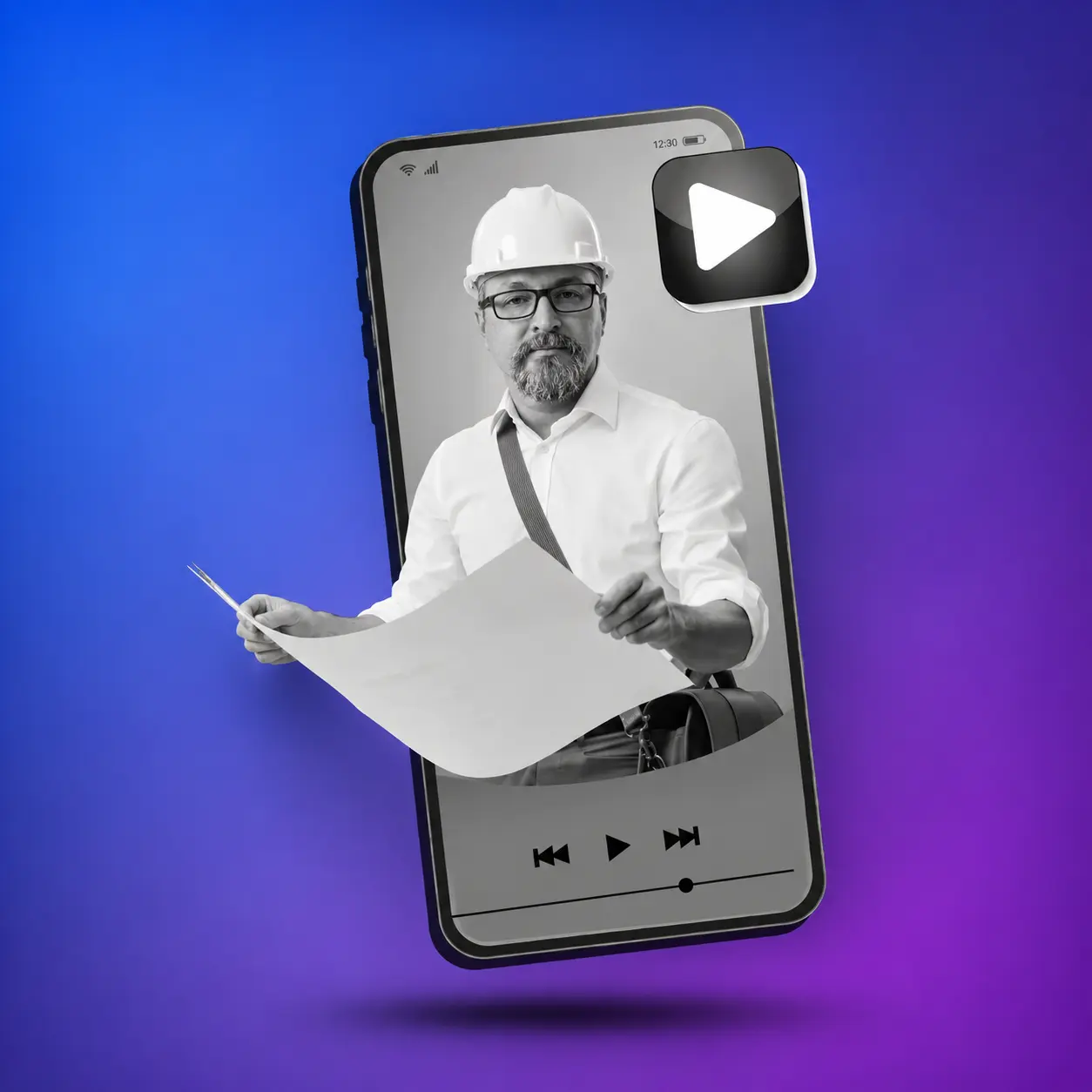 Black-and-white podcast blueprint graphic showing Travis wearing a hard hat and holding a blueprint while emerging from a smartphone screen against a blue and purple gradient background.