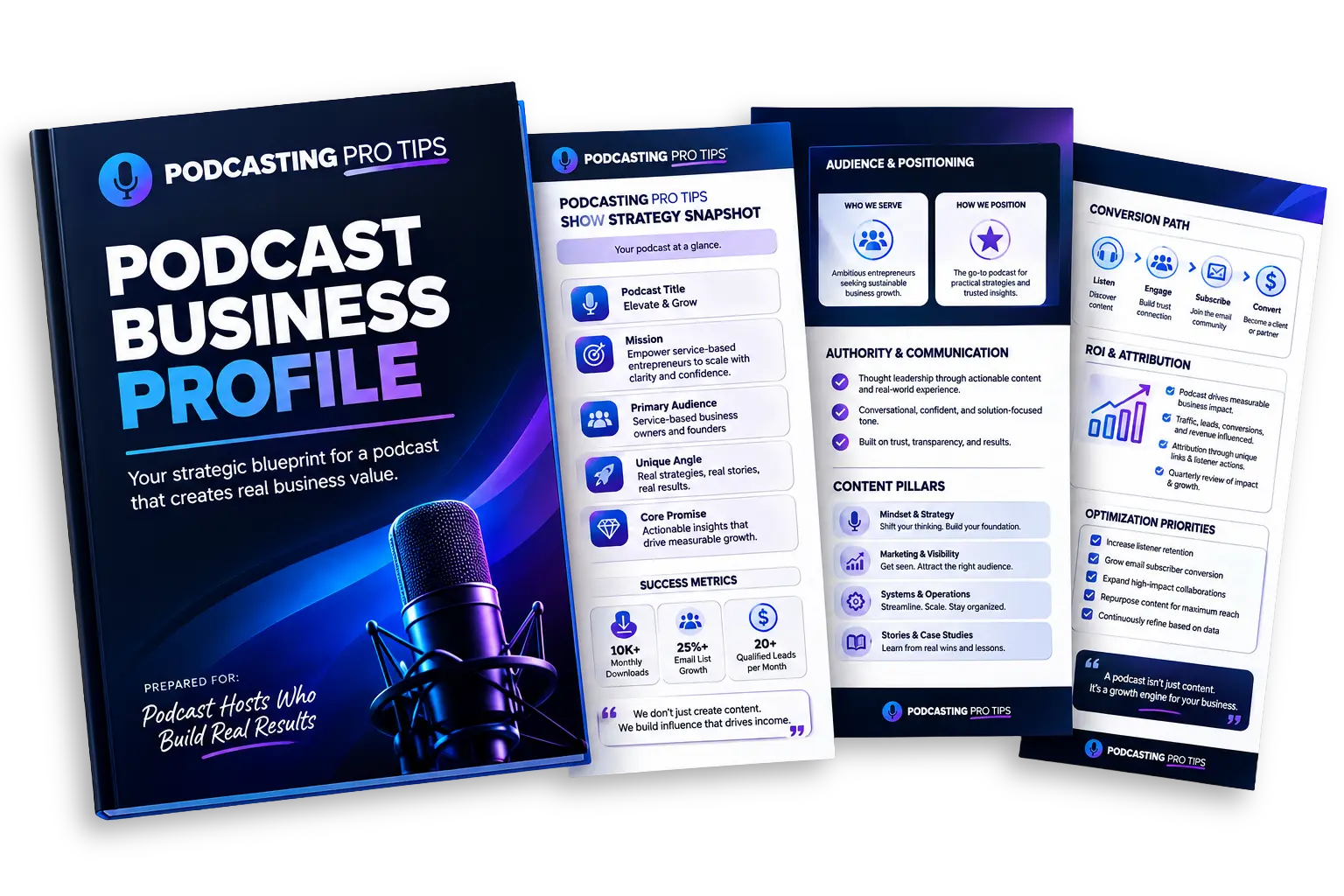 Podcast Business Profile mockup with blue and purple branding, showing the strategy workbook cover and internal pages for positioning, conversion, ROI, and podcast planning.