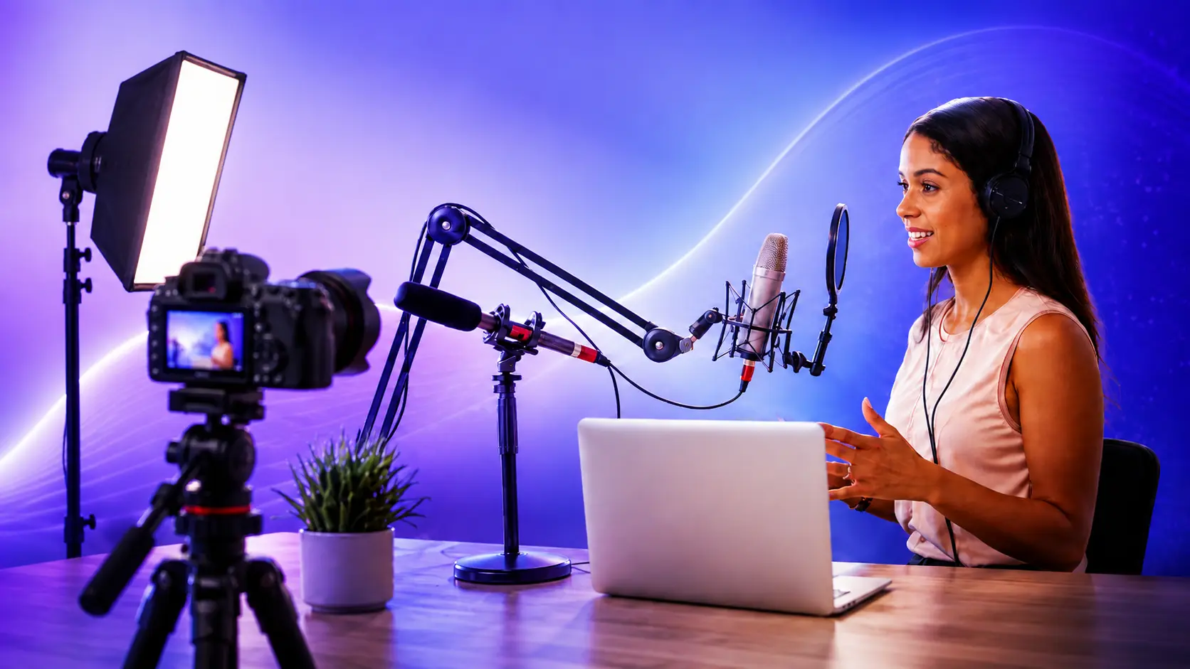 Female podcaster recording at a microphone with a laptop against a blue and purple gradient studio background, representing a repeatable podcast production workflow.