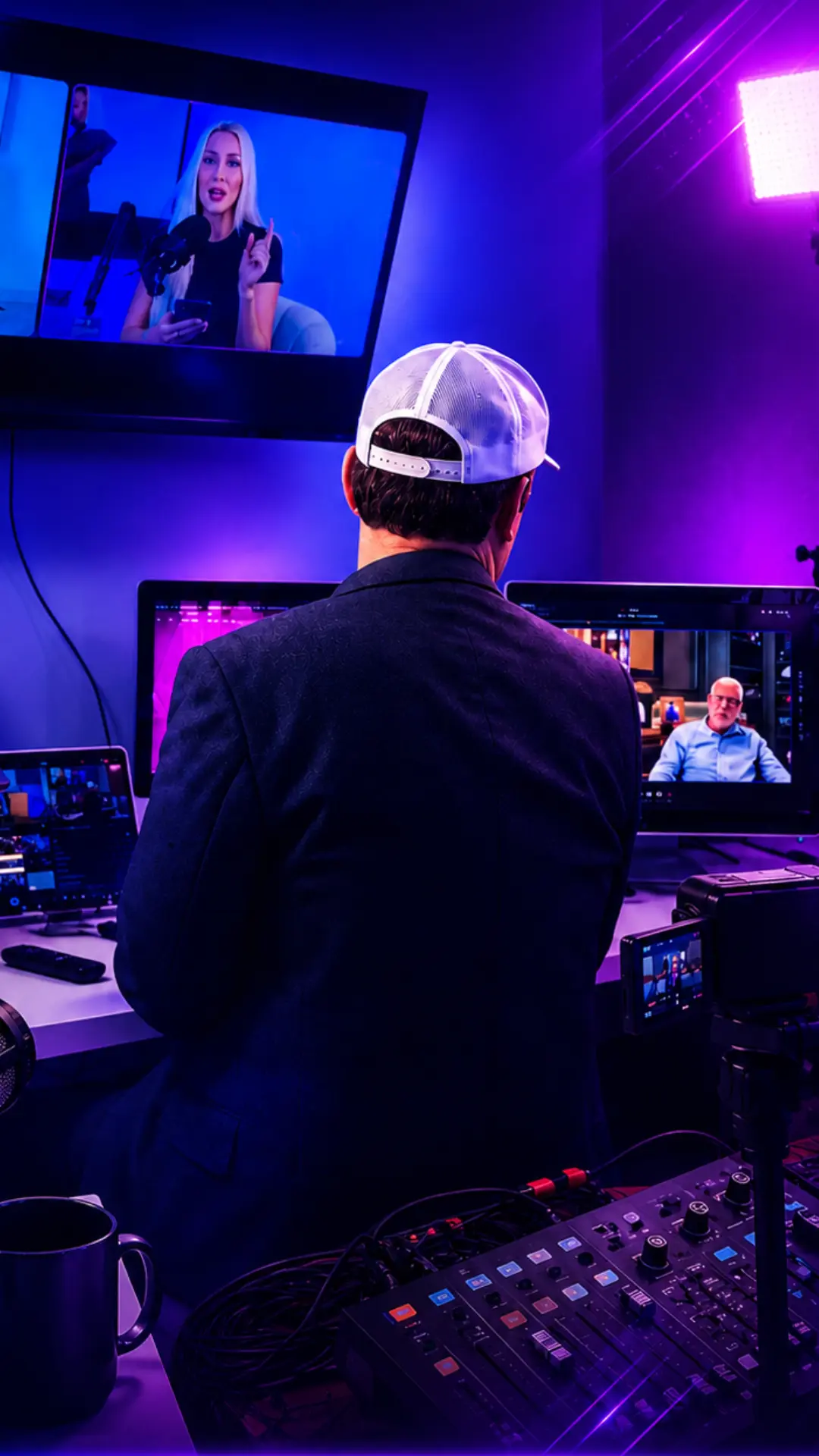 Podcast producer working in a blue and purple-lit remote production studio with multiple monitors, cameras, microphones, lighting, and audio equipment.
