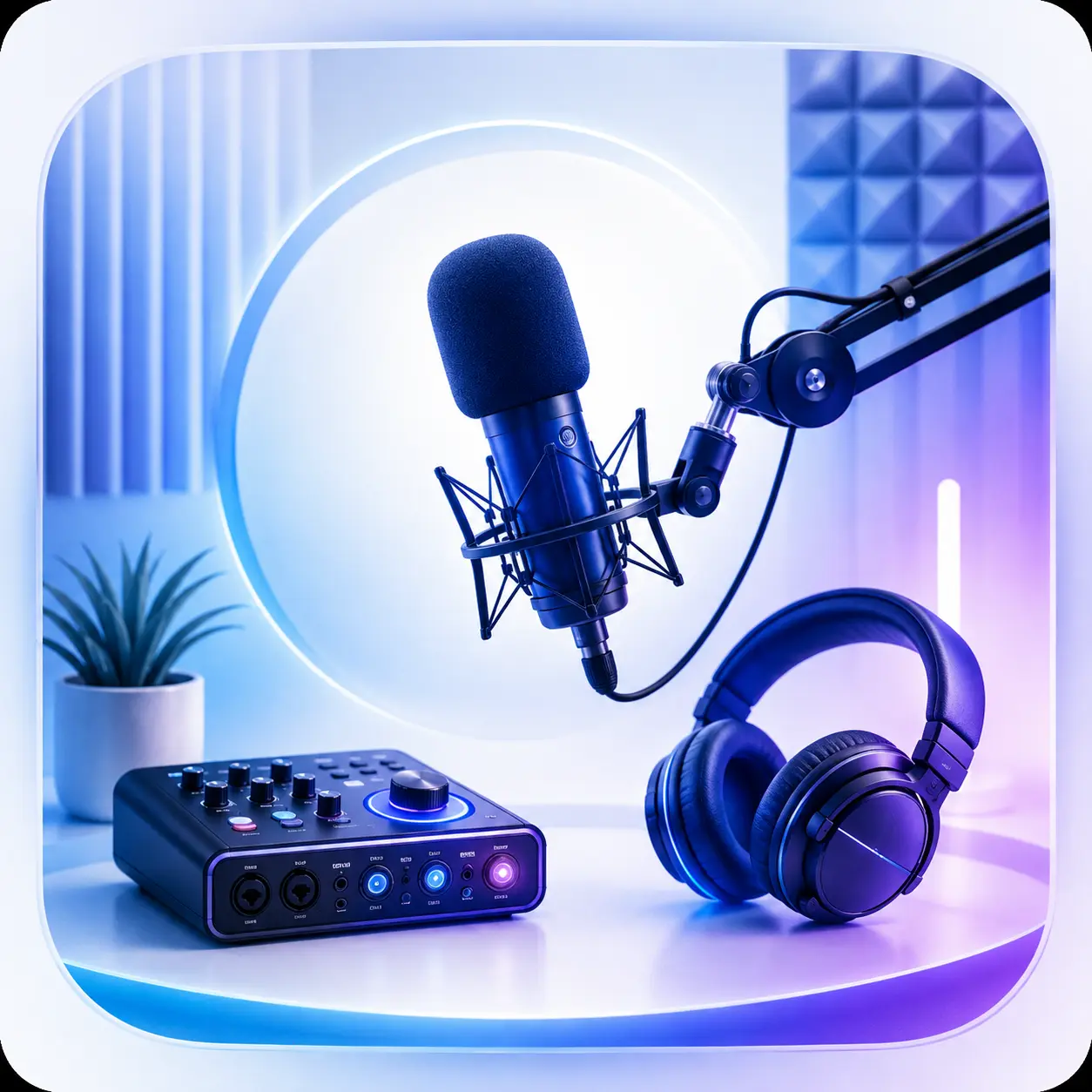 Podcast studio setup graphic with microphone, headphones, and audio interface in a light blue and purple gradient design.