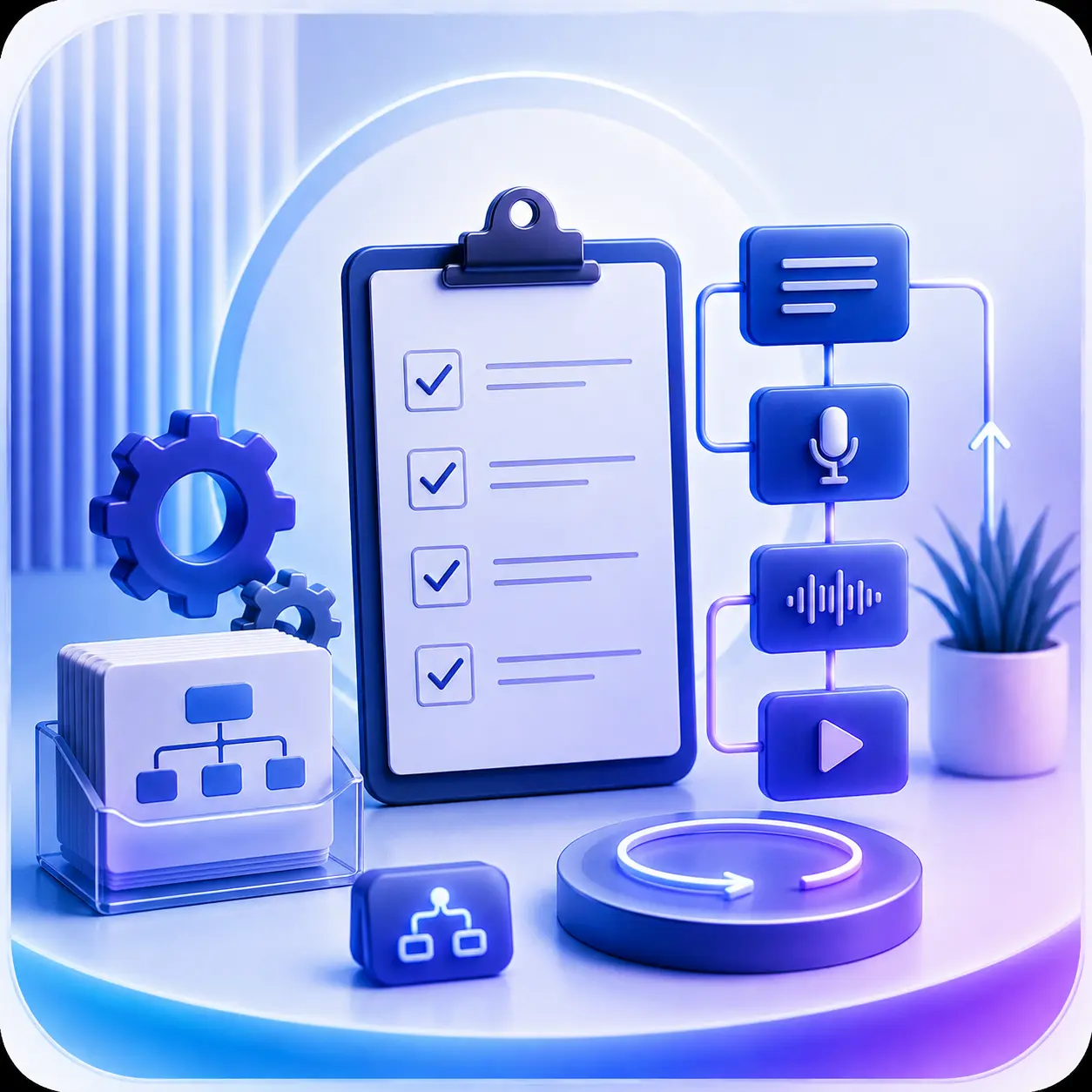 Podcast workflow graphic with checklist, process blocks, gears, and system icons in a clean blue and purple gradient style.