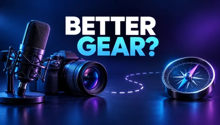 Microphone and camera beside a compass, asking whether better gear addresses the podcast’s real problem.
