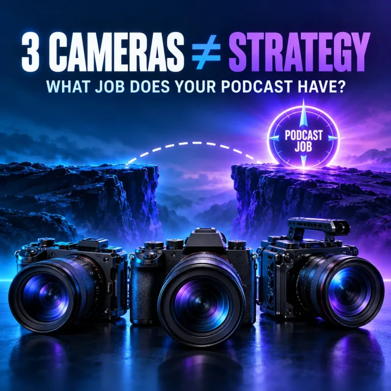 Three cameras facing a separate podcast job, showing that better production cannot define the show's strategy.