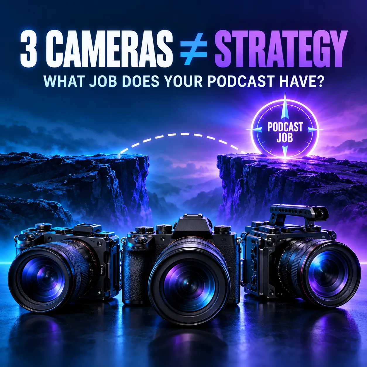 Three cameras facing a separate podcast job, showing that better production cannot define the show's strategy.